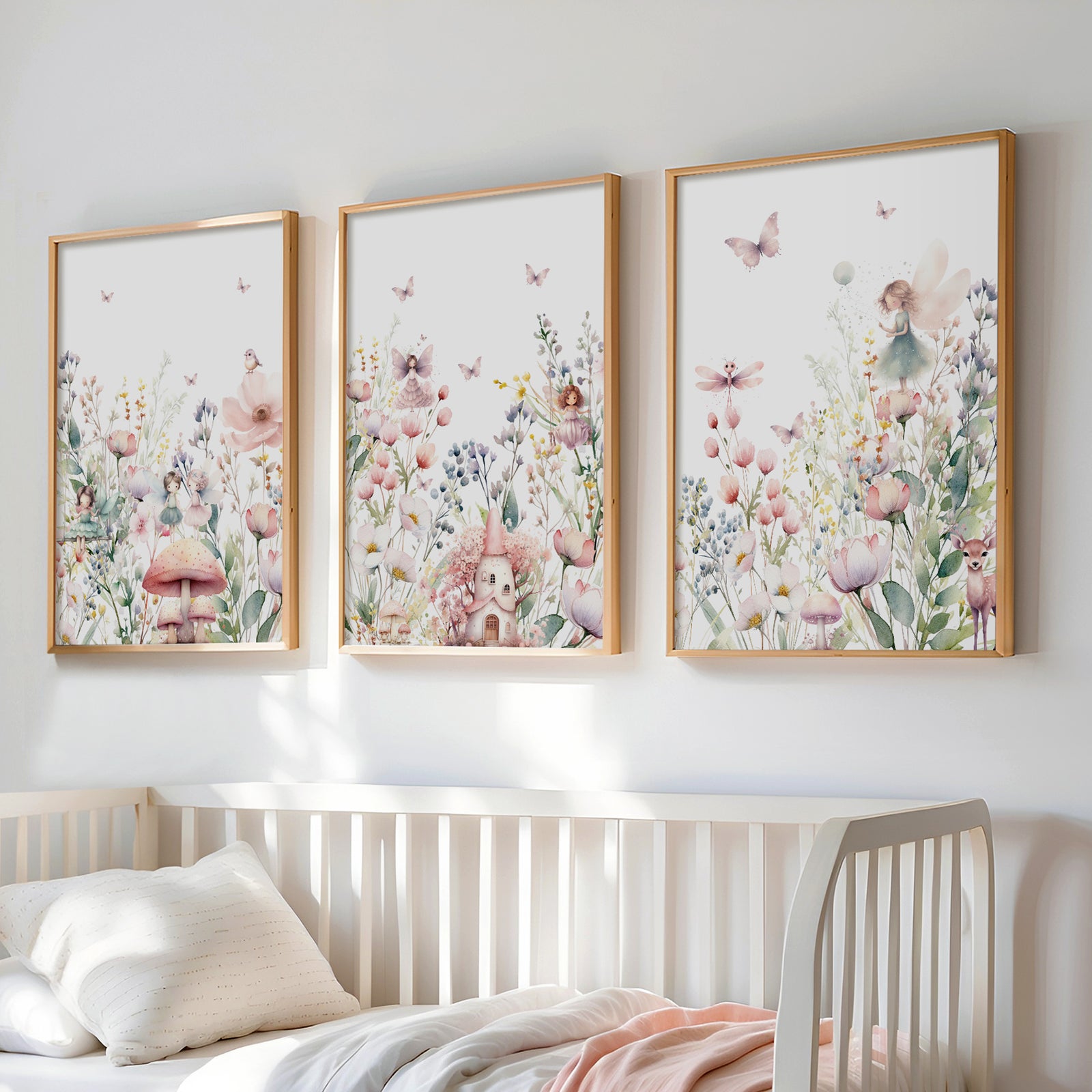 Floral fairy garden wall art print in pink and sage green for girls