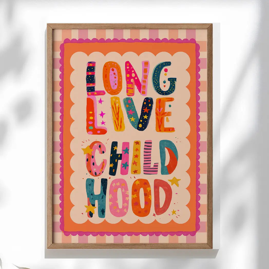 Childhood Wall Art Print, a modern 2025 nursery illustration filled with girly colours, floral details, and playful design. Perfect for a kids room, nursery wall decor, or playroom art,