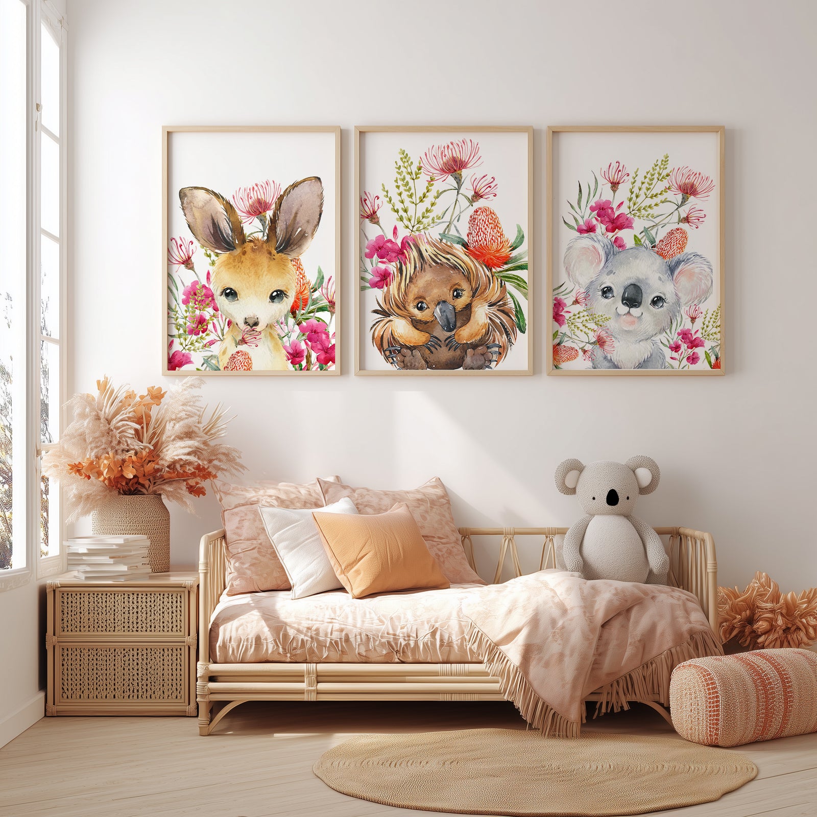 Set of 3 Australian baby animal prints for girl's nursery – koala, kangaroo, echidna