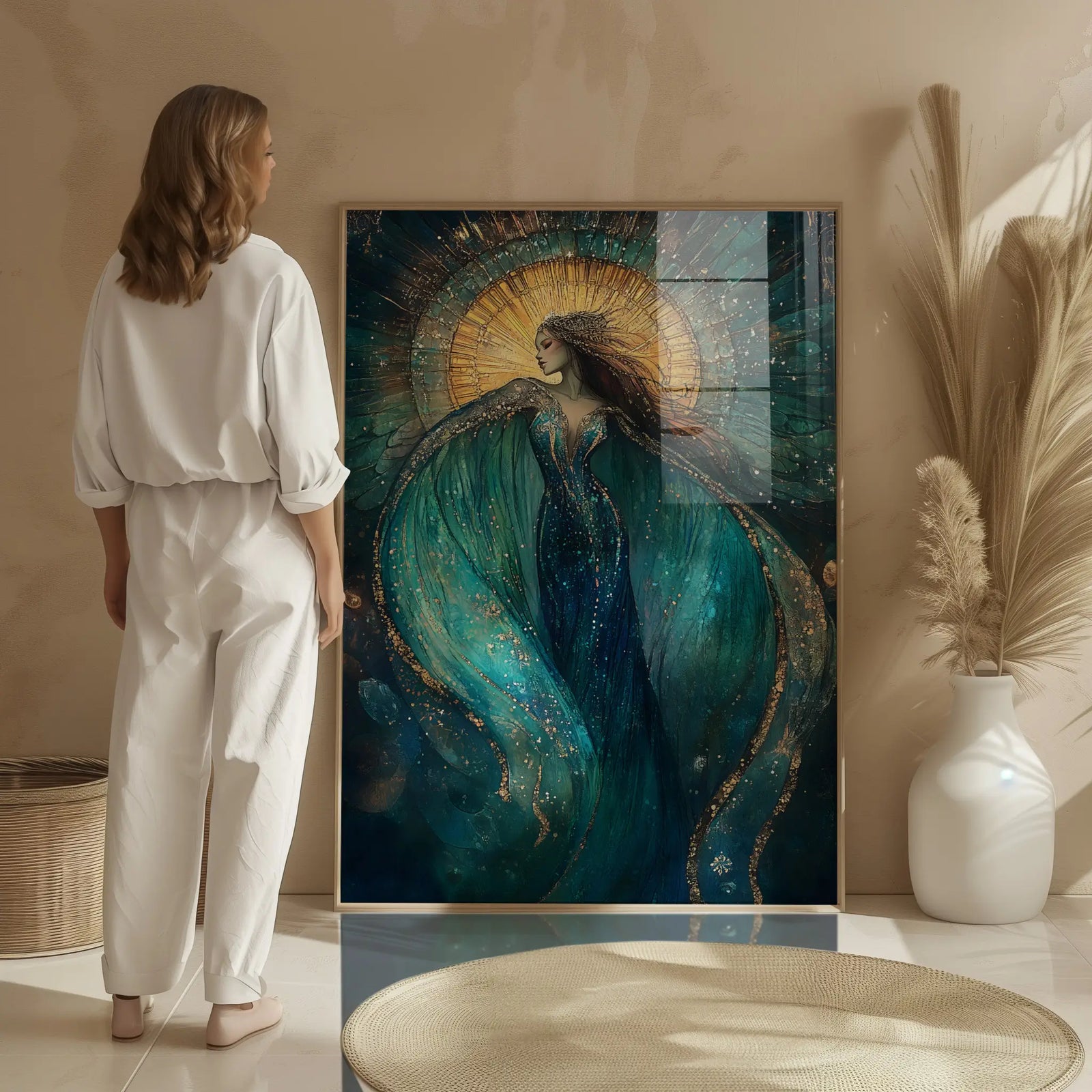 Celestial Goddess wall art print in gold and green tones, feminine mystical decor