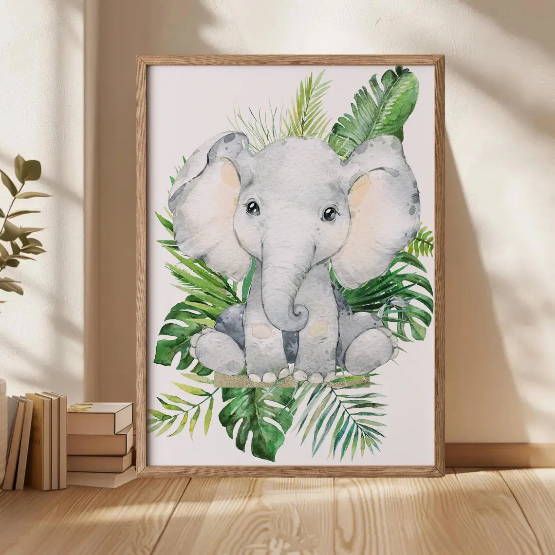 Tropical Green Foliage Elephant Artwork – Safari Nursery Decor