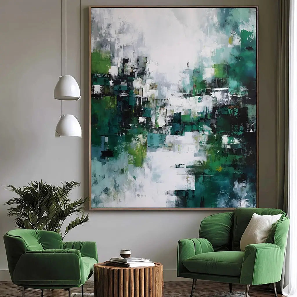 Emerald green and white contemporary artwork with minimalist style.