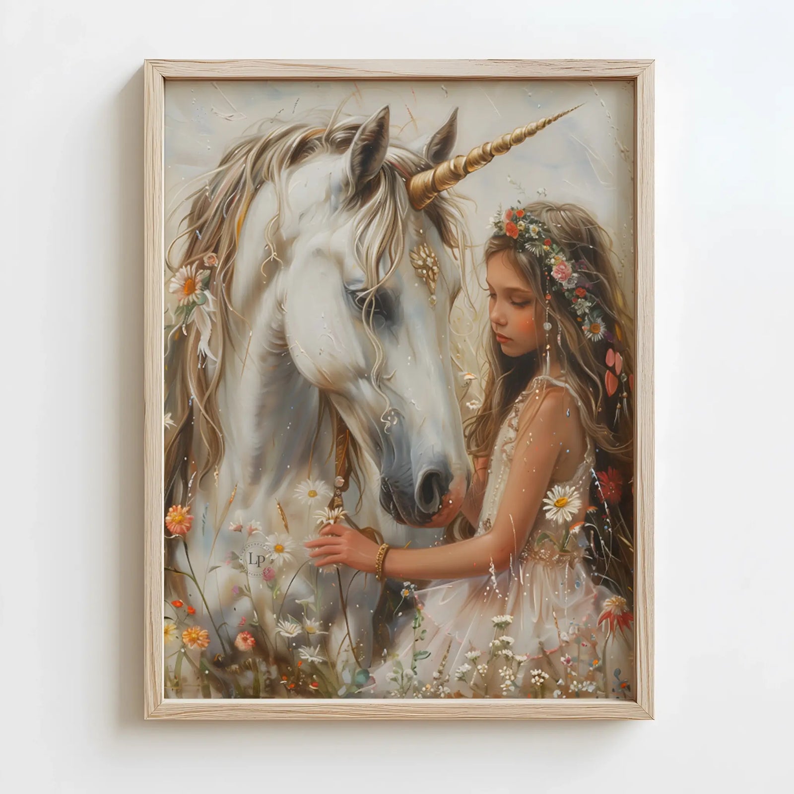 Unicorn and wildflowers wall art hanging in a girl’s bedroom, featuring soft colors and a whimsical design.