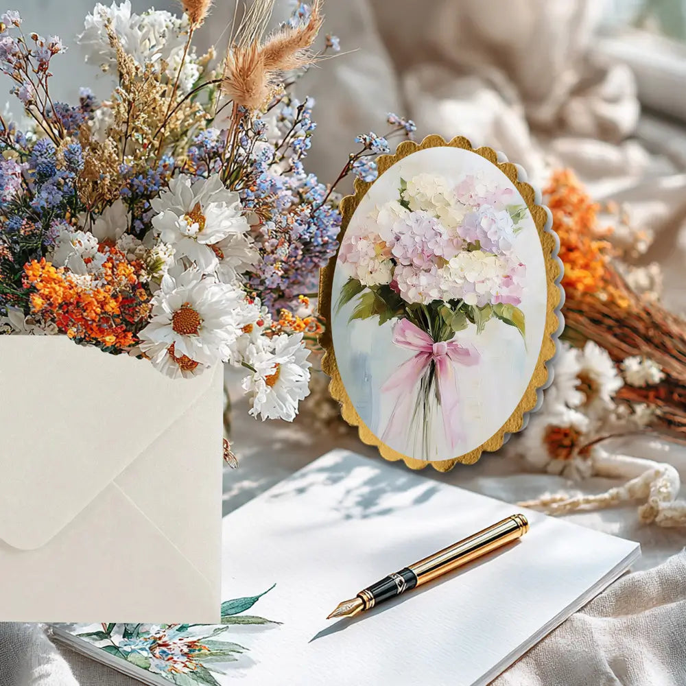Mini Cardartwork of a bouquet of flowers with a pink ribbon 