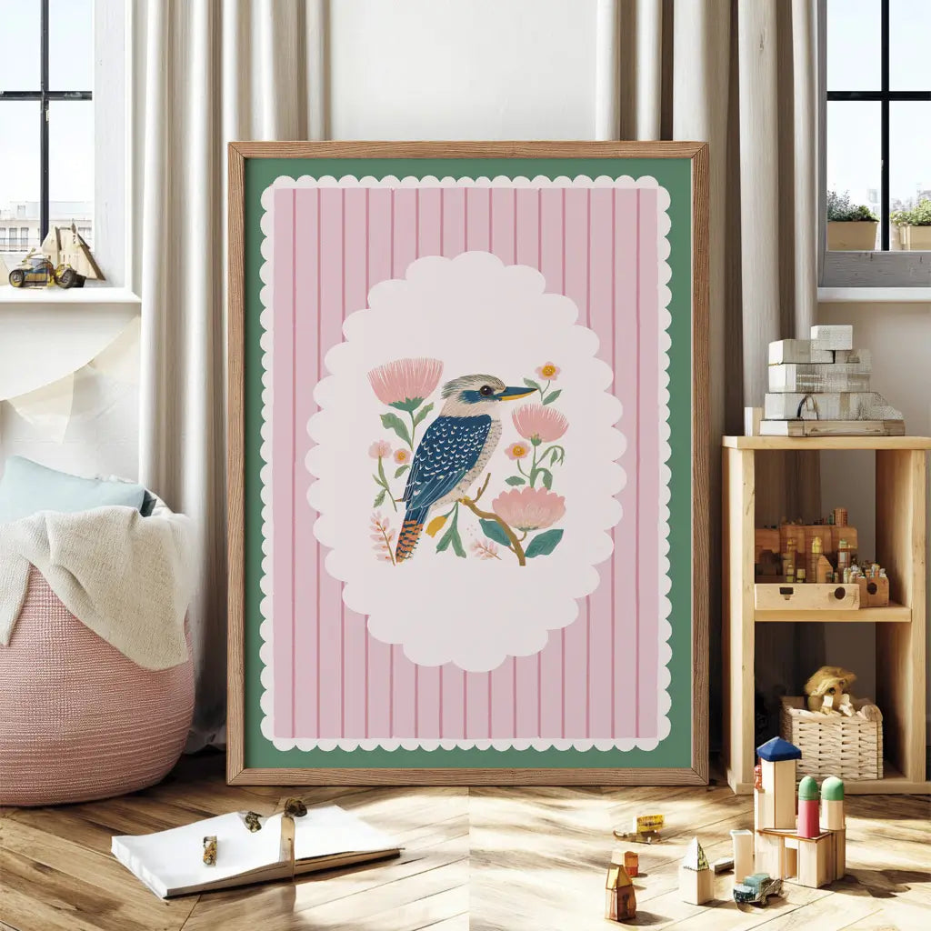 Add a playful touch to your nursery with our Molly Kookaburra Wall Print! Featuring a whimsical kookaburra print, scolloped border in green with centre white scollop on pink stripes.