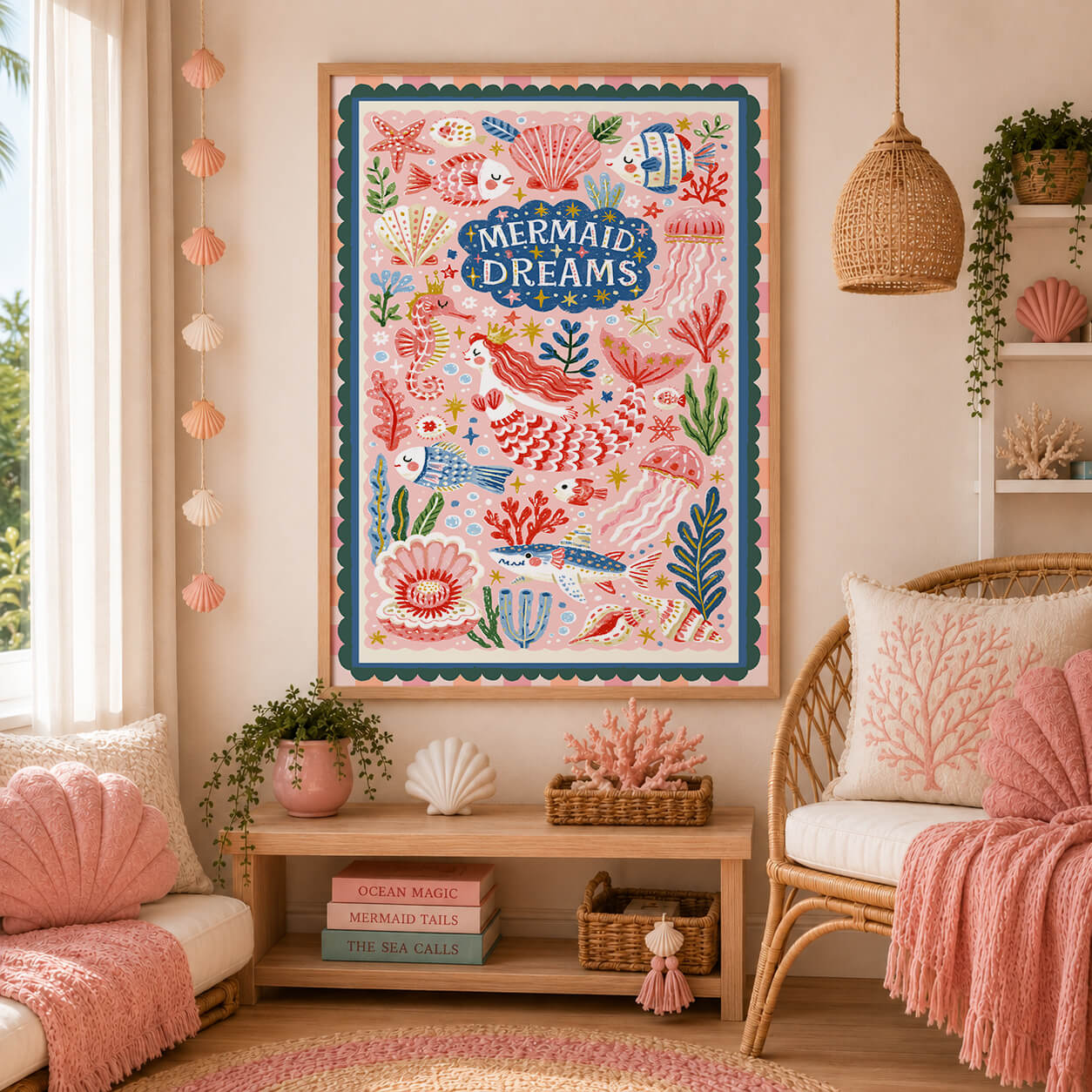 Girls mermaid wall art with playful sea creatures and coastal pink nursery colours.