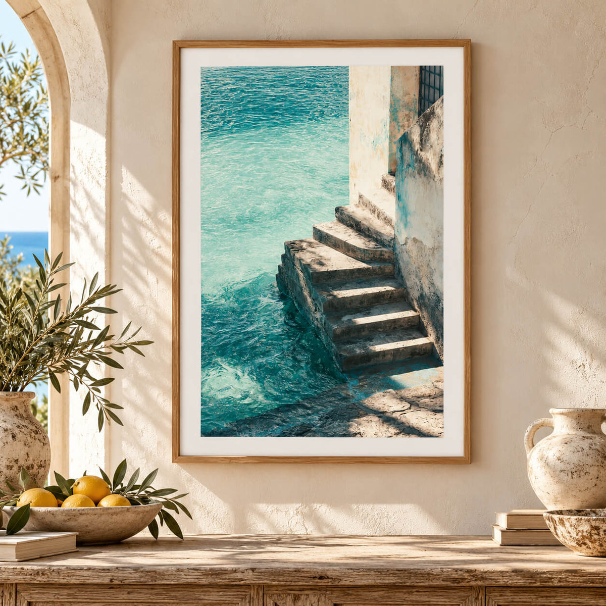 Mediterranean coastal wall art featuring weathered stone steps beside crystal-clear turquoise and emerald-green seawater
