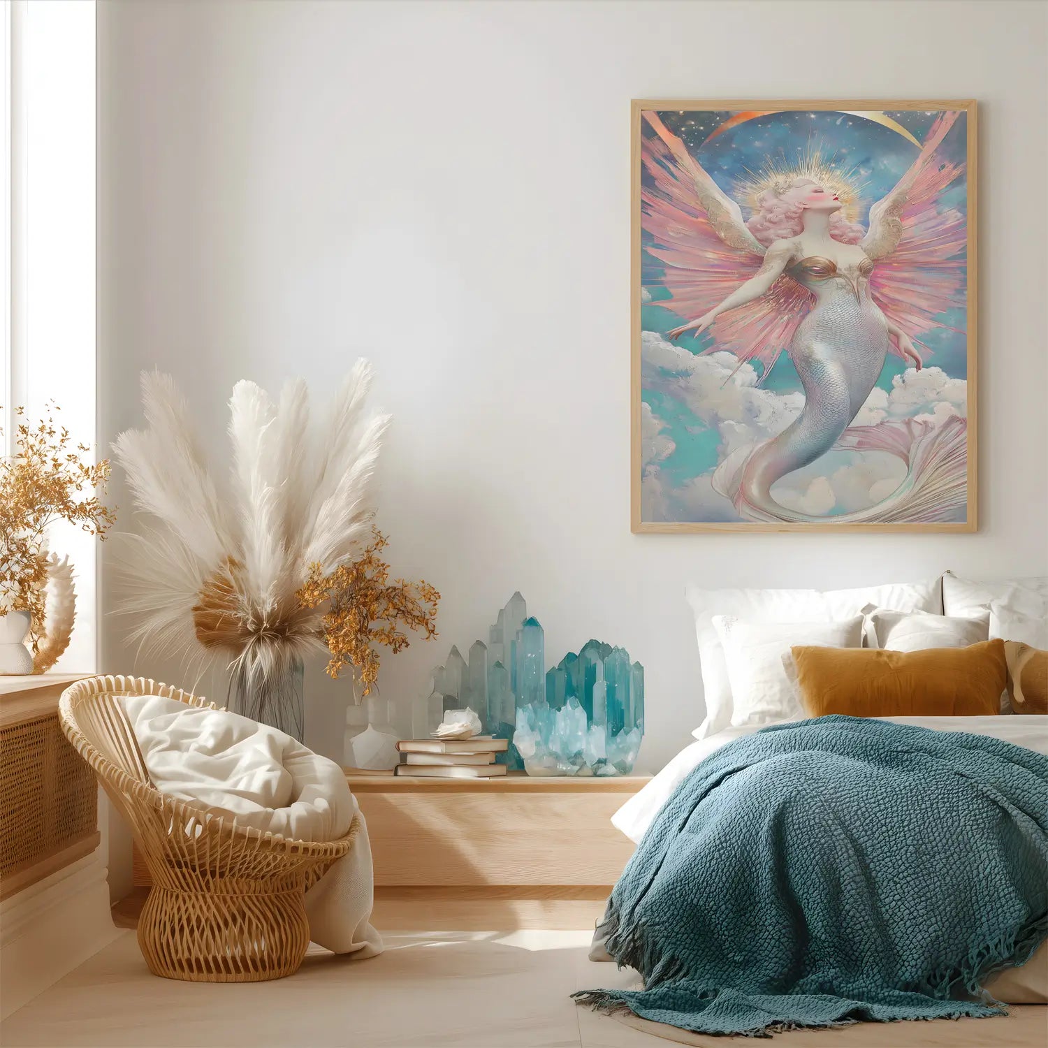 Celestial mermaid goddess art print with pastel wings and flowing hair