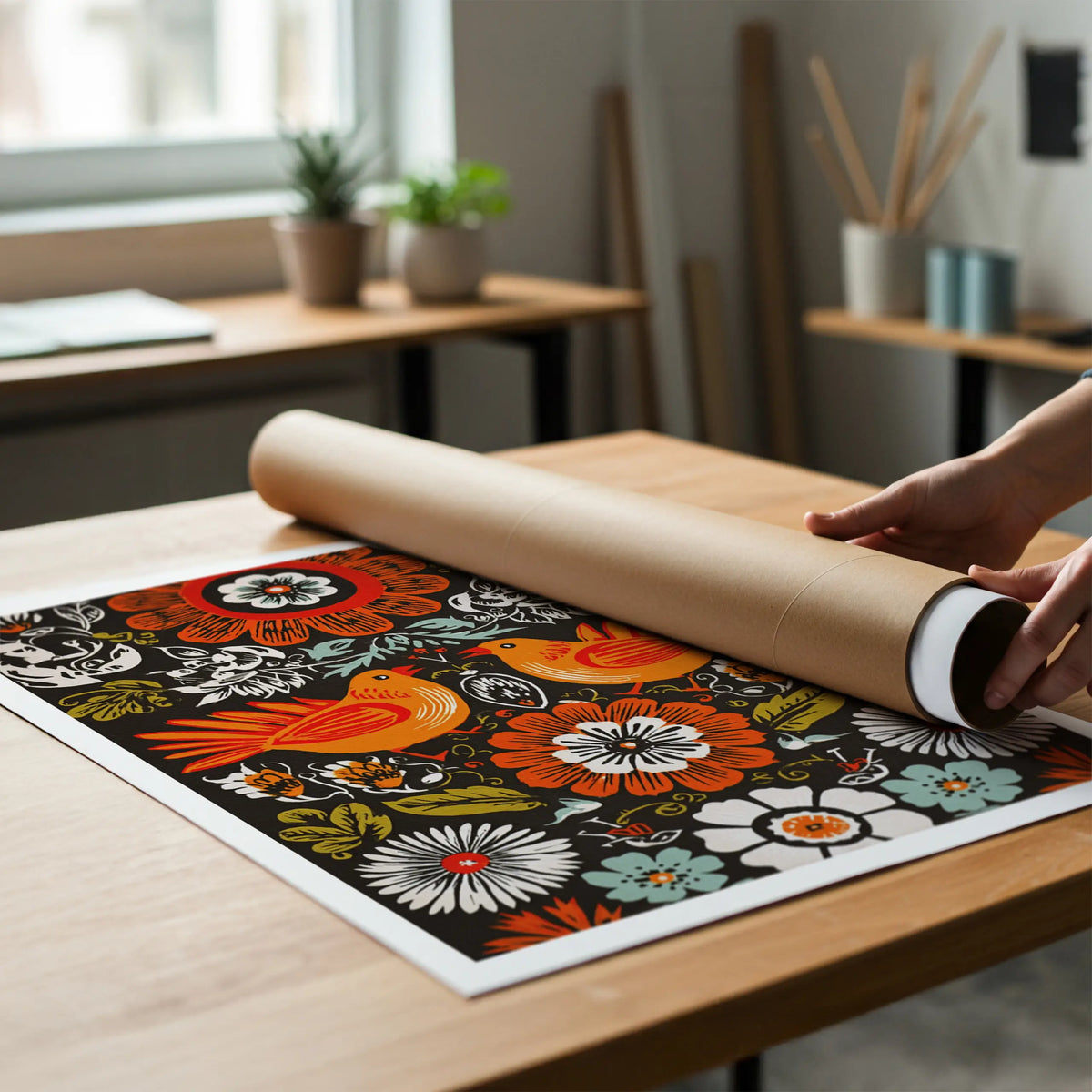 Mexican art vintage poster with retro folk style in warm orange and brown tones