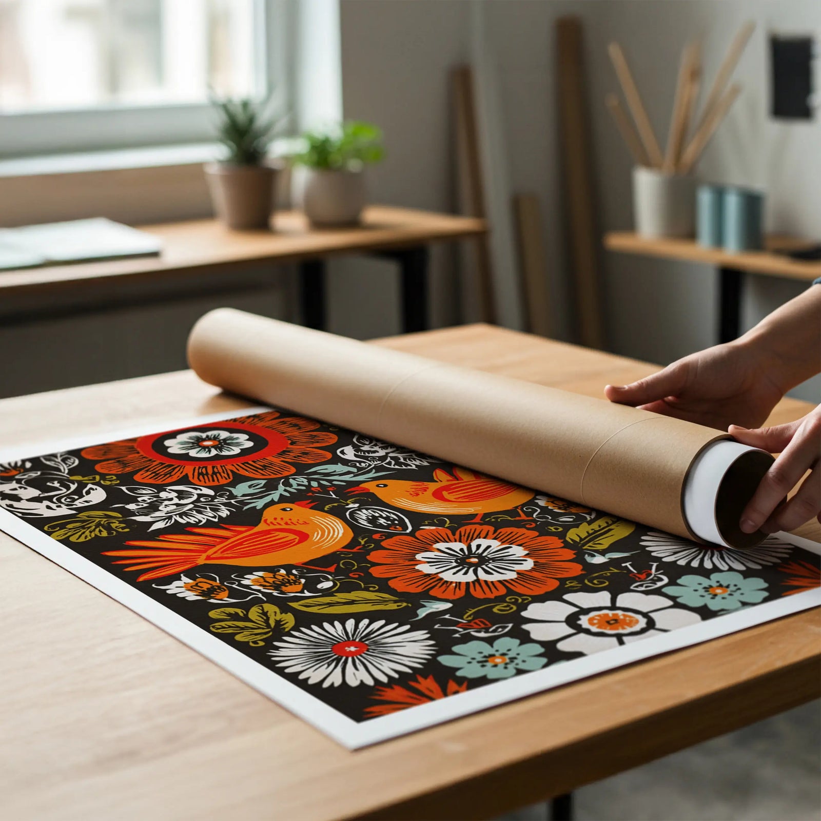 Mexican art vintage poster with retro folk style in warm orange and brown tones