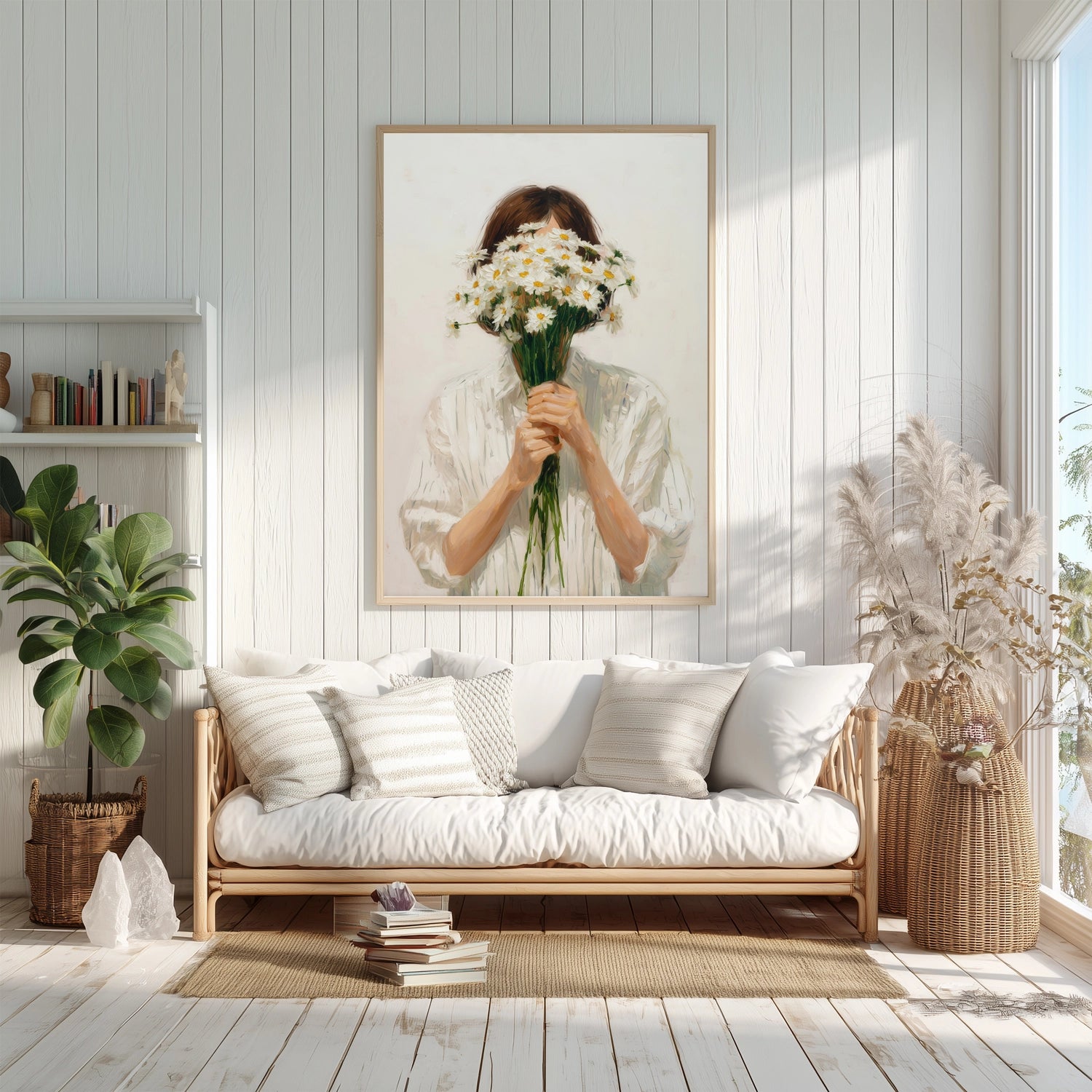 Minimalist female wall art with floral daisy elements