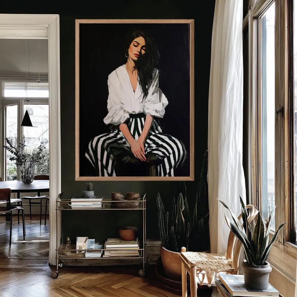 Abstract black and white painting of a woman in stripes