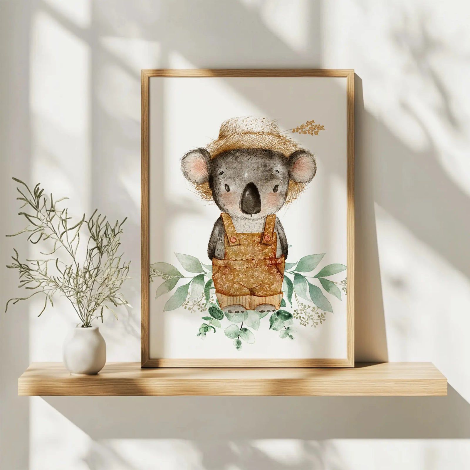 Koala Nursery Print | Australian Animal Wall Art adorable koala nursery print features a koala sporting cute dungarees and a eucalyptus hat