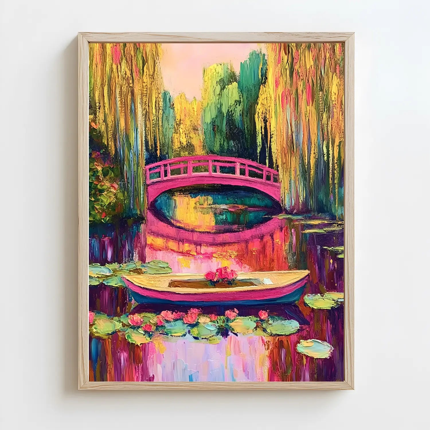 Bright impressionist lily pond wall art with pink bridge and flowers