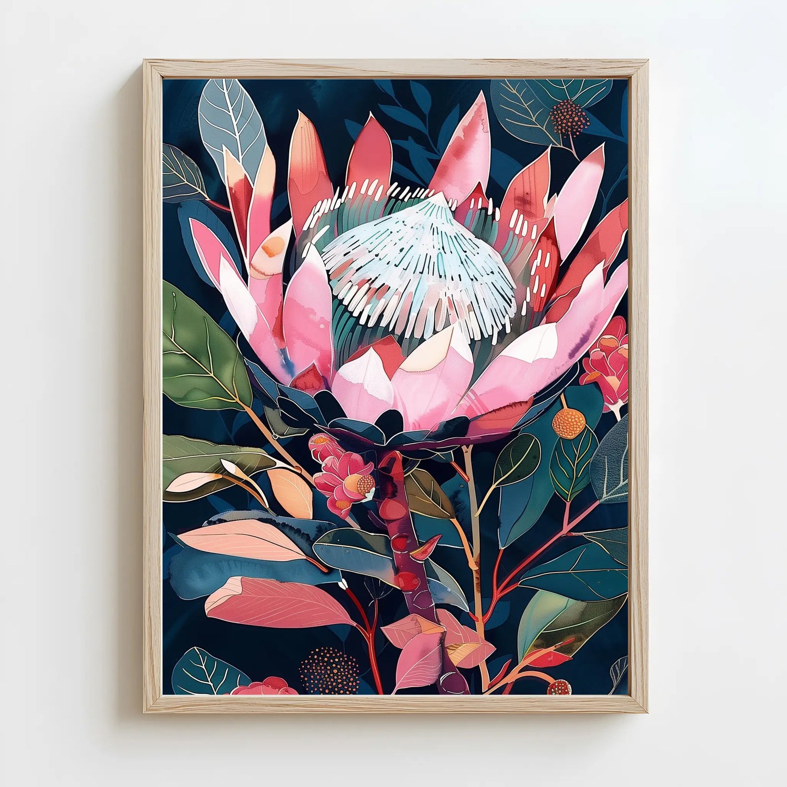Bright pink protea flower in an abstract style, showcasing vivid colors and dynamic brushwork inspired by Australian native flora