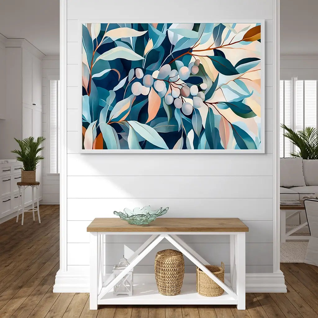 Modern eucalyptus gum leaf wall art print with soft blue, green, and peach tones