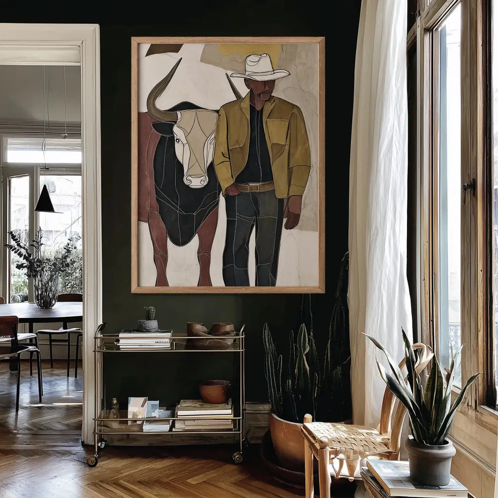 Modern rustic cowboy wall art print in neutral earthy tones