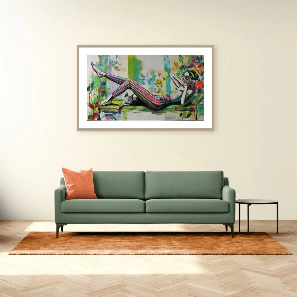 Modern urban woman artwork with phone and eclectic interior