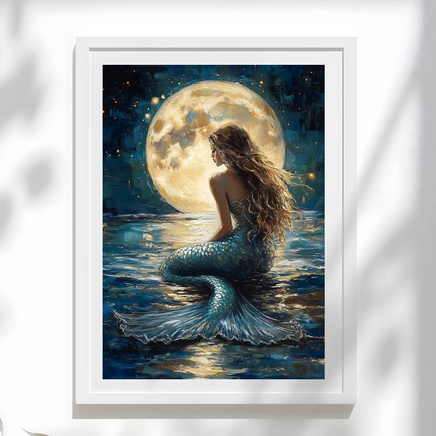 Moonlit mermaid with long wavy hair sitting in the ocean, gazing at a glowing full moon in a dreamy fantasy scene.