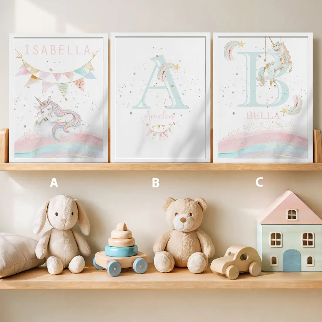 Personalised unicorn wall art set of three for girls nursery