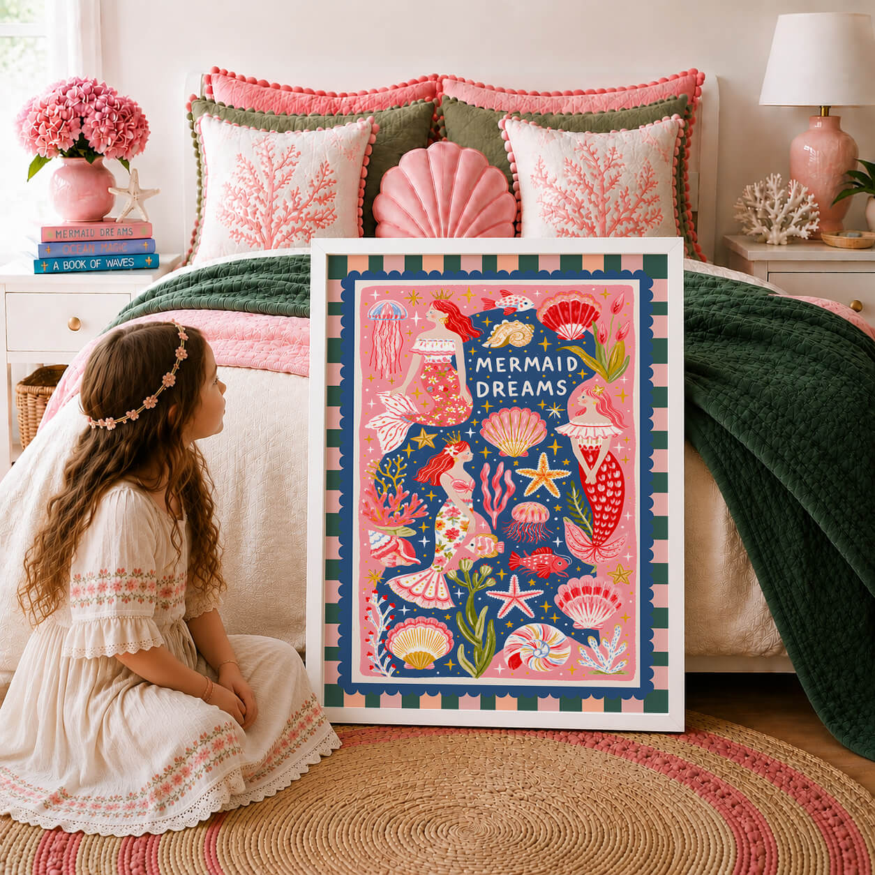 Whimsical Mermaid Dreams wall art featuring three colourful mermaids with seashells, coral, jellyfish and starfish on a vibrant ocean background.