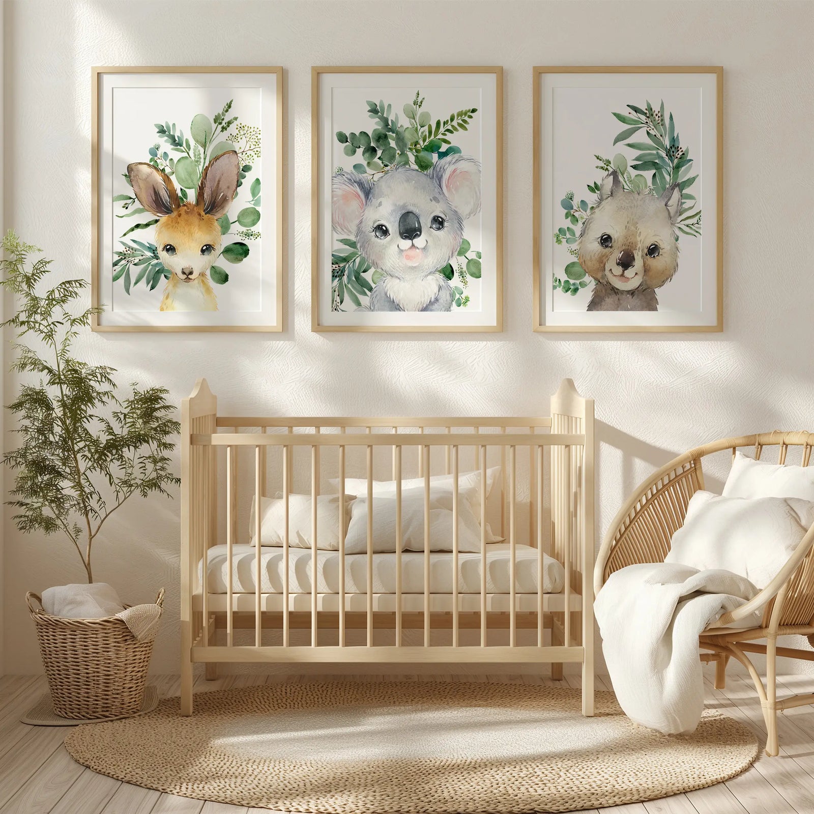set of three printed prints kangaroo koala wombat Australian animals wall art prints with eaucalyptus foliage