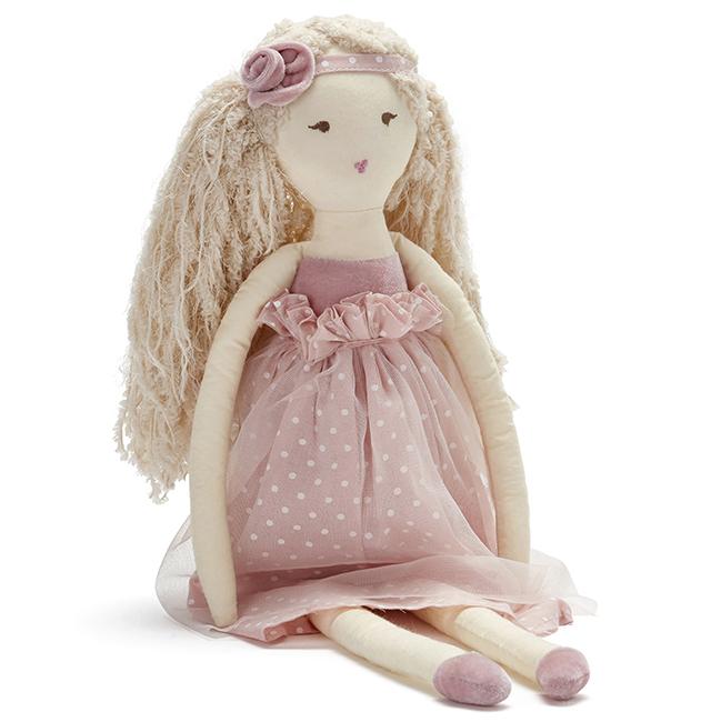 Hand made doll with long cream coloured hair wearing a pink tule long dress and a pink head band