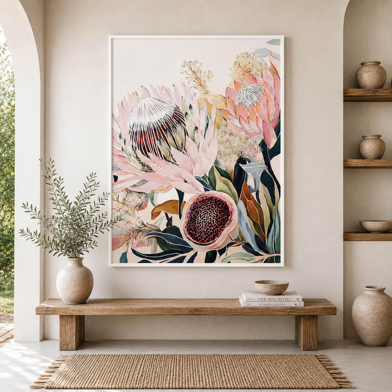 Pink protea botanical wall art print white frame