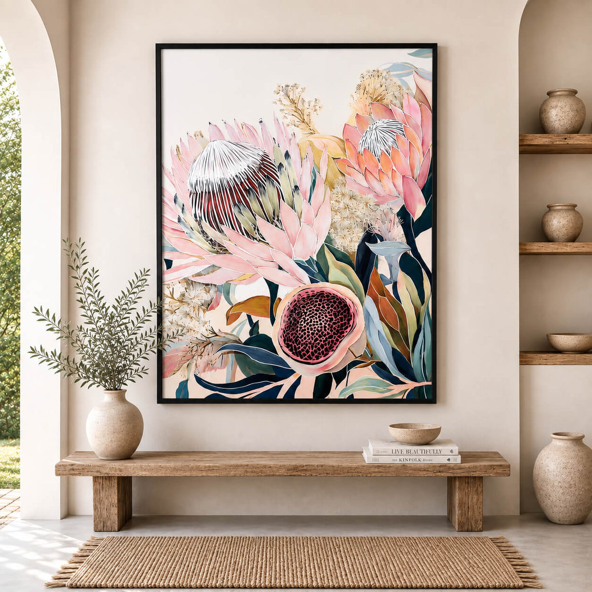 Pink protea botanical wall art print in black frame