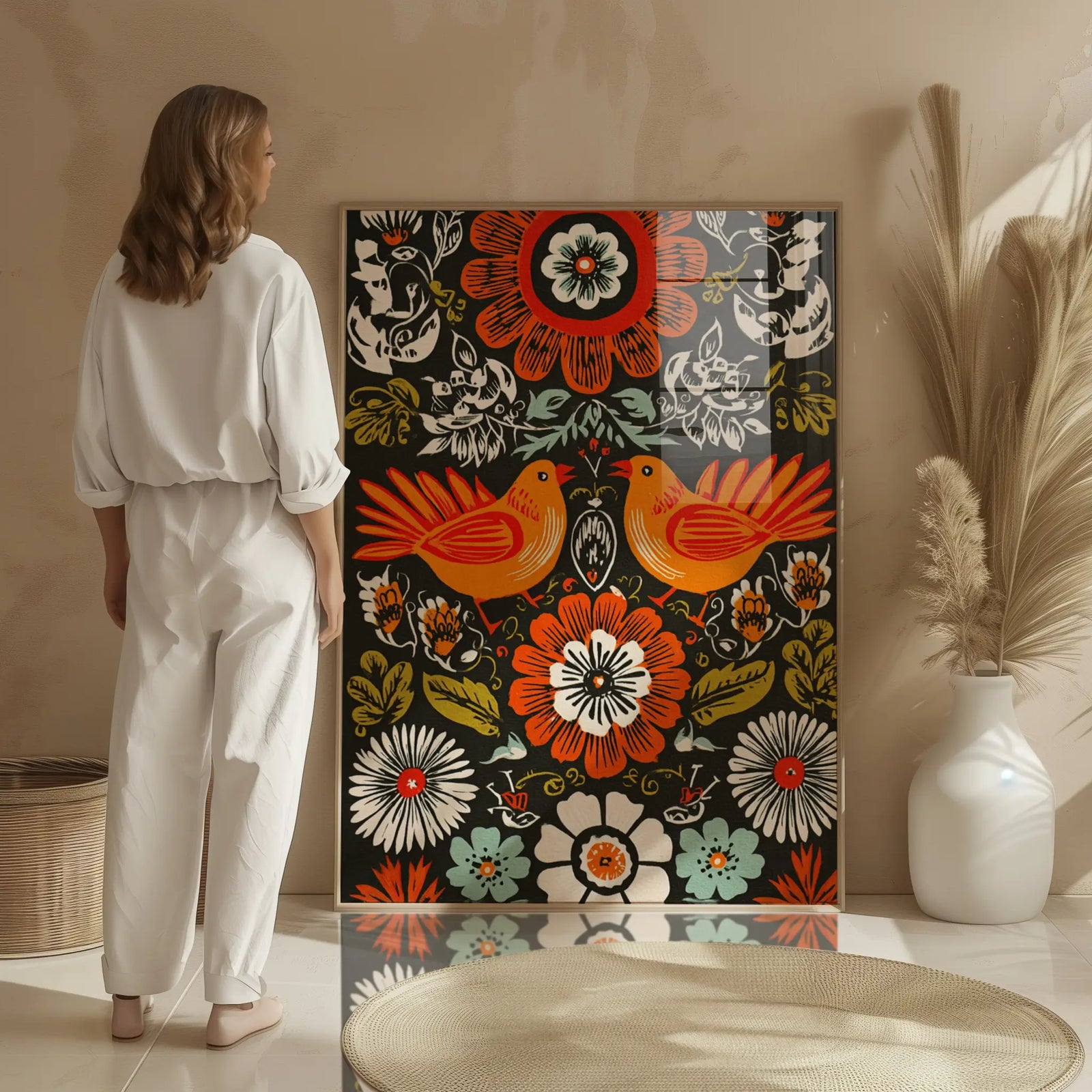 Mexican art vintage poster with retro folk style in warm orange and brown tones