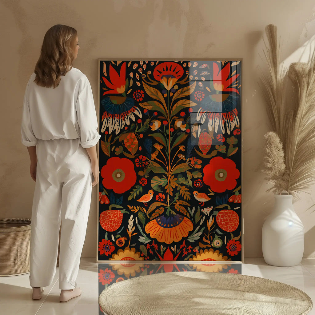 Retro Mexican wall art poster inspired by traditional folk design