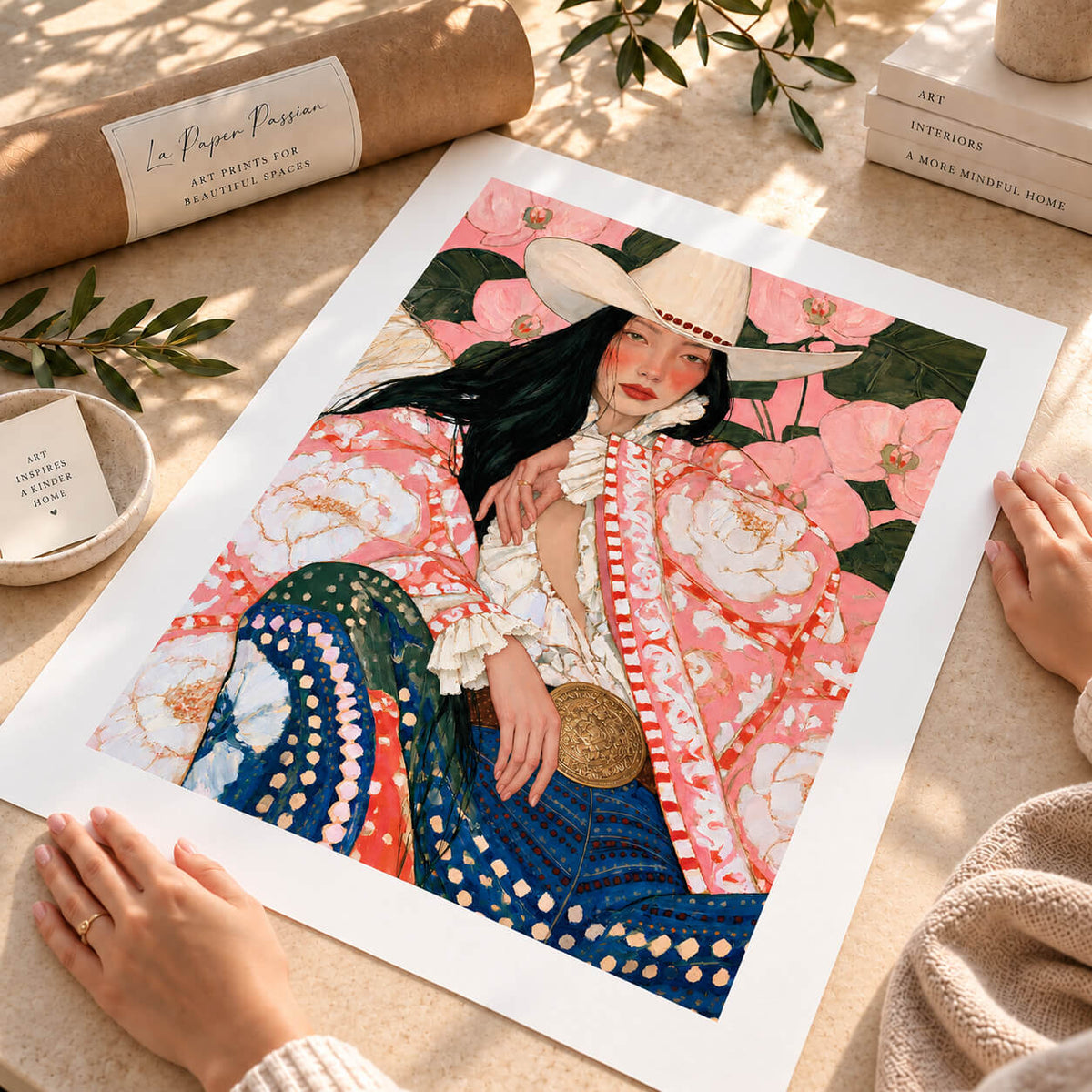 Pink floral Western cowgirl art printed on white fine art paper with a wide white border.