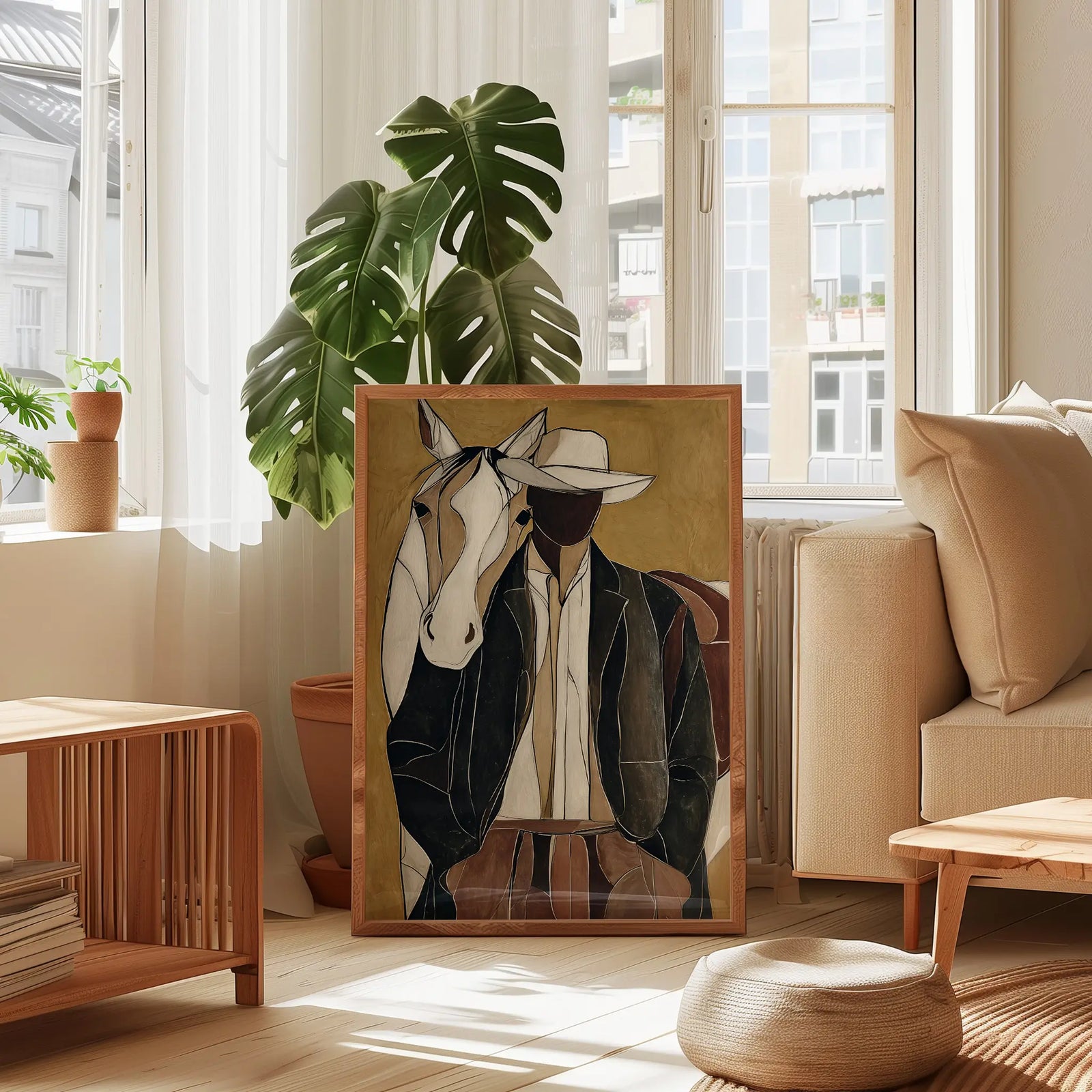 Earthy cowboy wall art print featuring rustic abstract design in warm natural tones