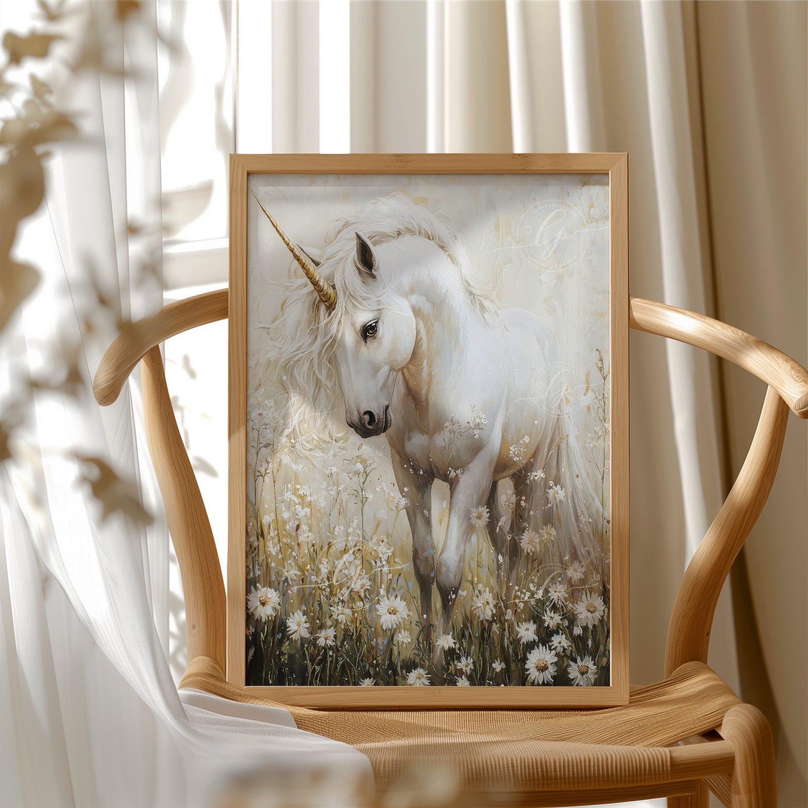 Magical white unicorn in a dreamy wildflower field, kids bedroom art print