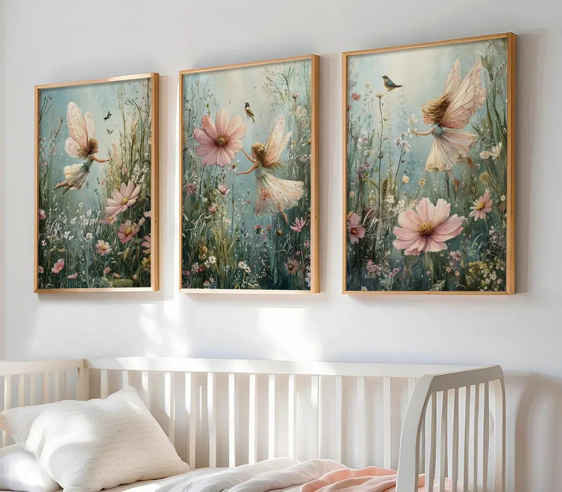 Sage green fairy wall art set of three for girls nursery