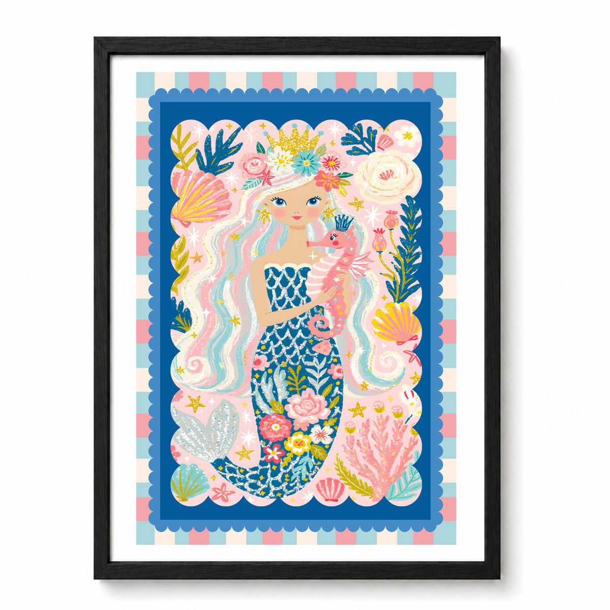 Seahorse Kisses wall art in black frame