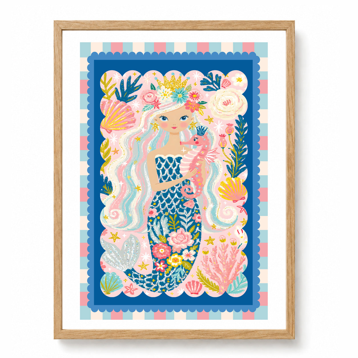Whimsical floral mermaid wall art featuring a crowned mermaid holding a pink seahorse surrounded by shells, coral and ocean plants.