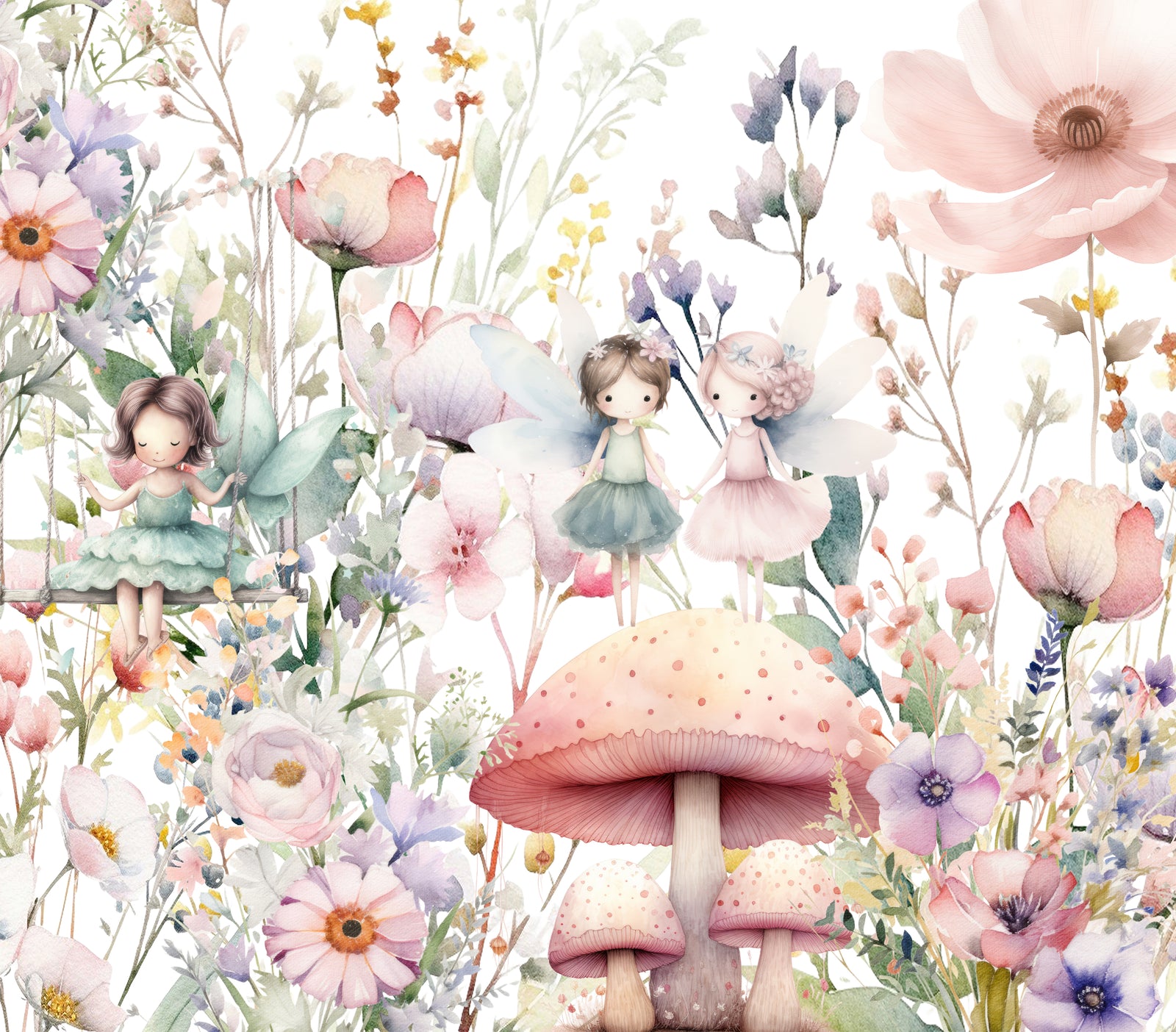 Floral fairy garden wall art print in pink and sage green for girls