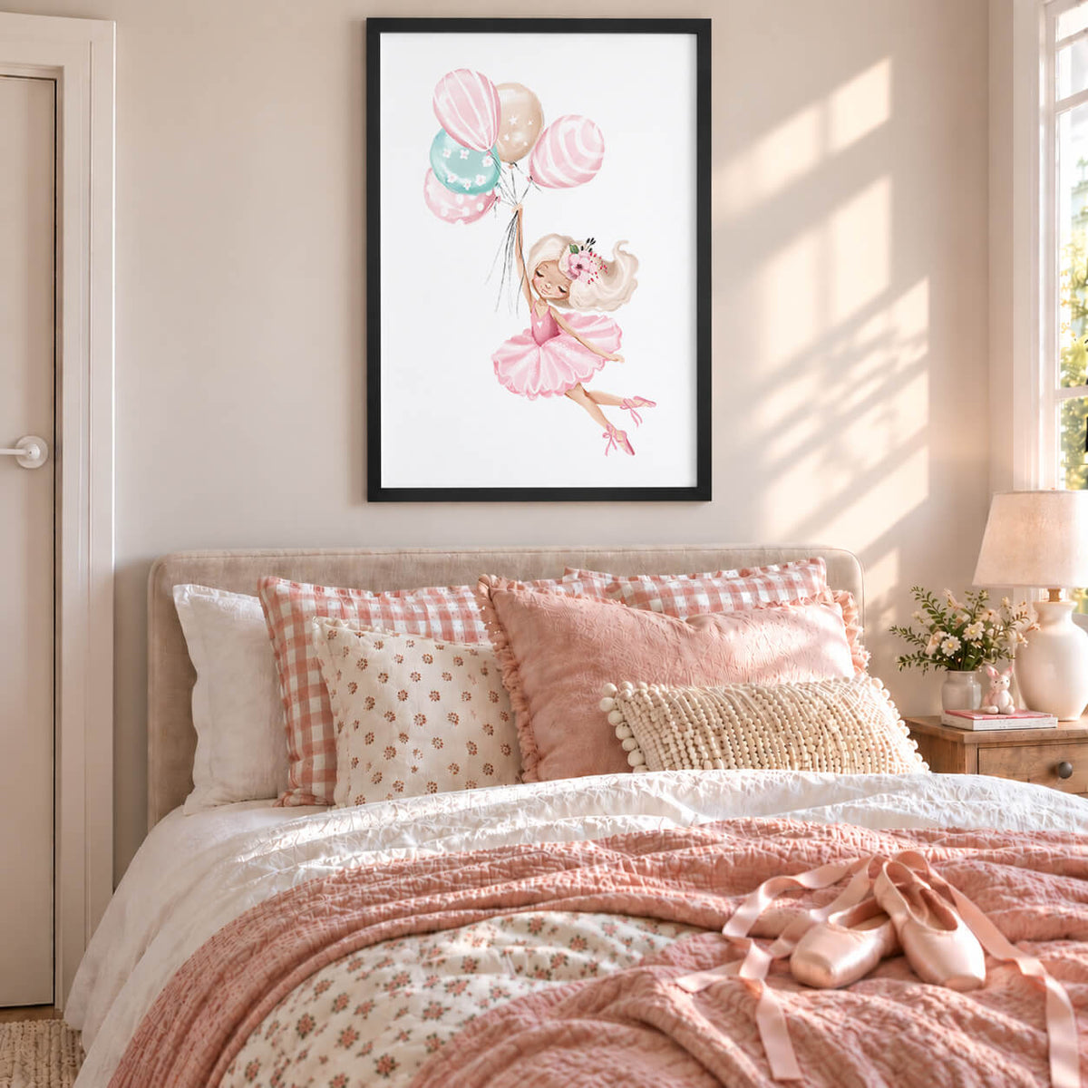 Black Frame: Girls ballet wall art featuring a pink ballerina and pastel balloons, displayed in a modern black frame.