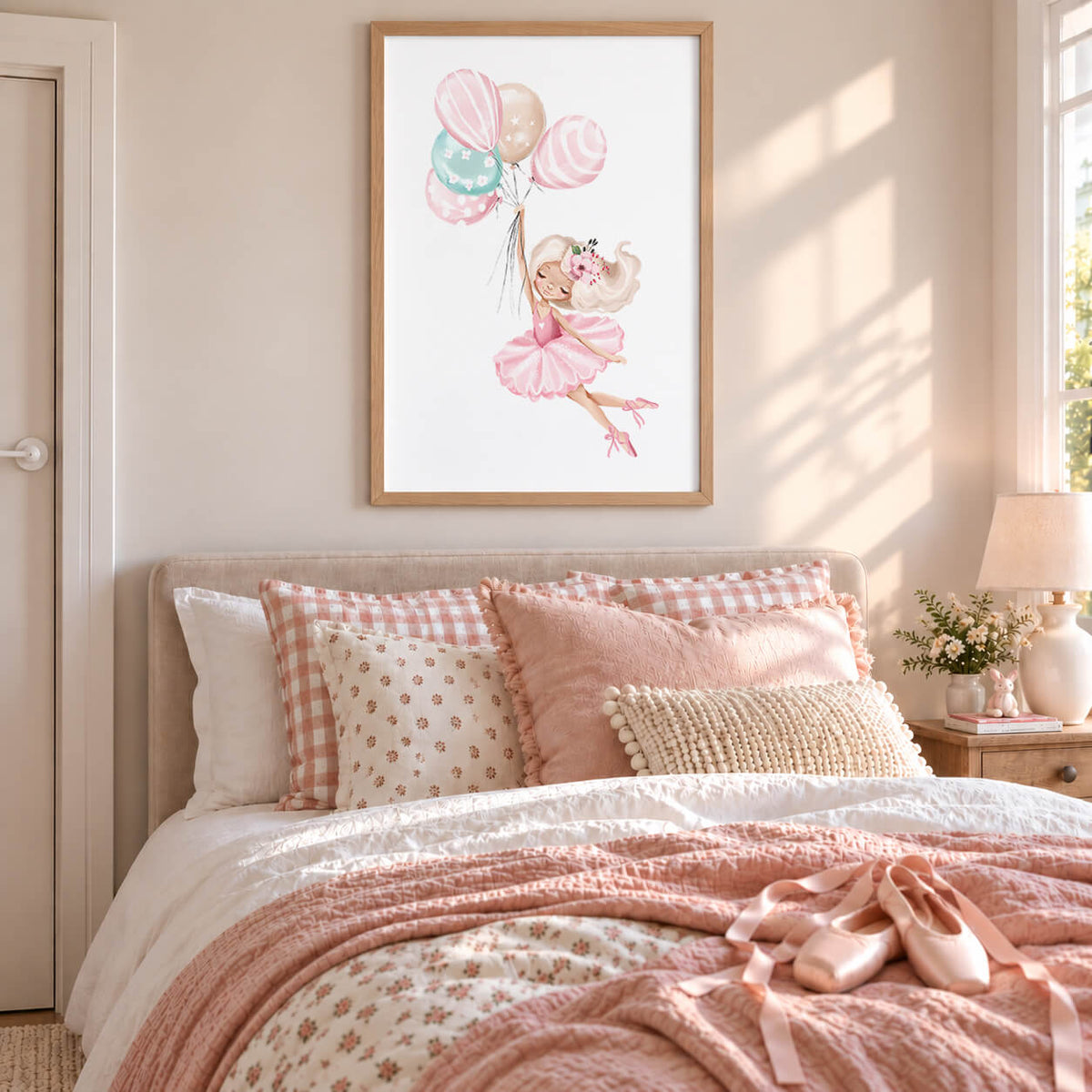 Natural Timber Frame: Girls ballerina wall art featuring a pink ballet dancer holding pastel balloons, displayed in a natural timber frame.