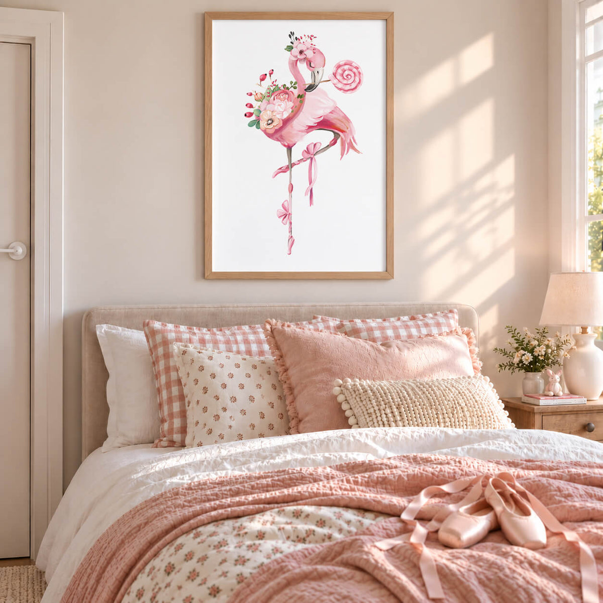 Natural Timber: Flamingo ballerina wall art featuring a pink floral flamingo displayed in a natural timber frame in a girls bedroom.