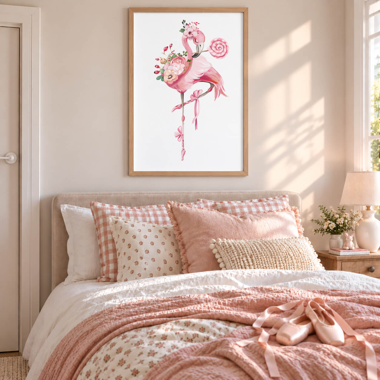 White: Pink flamingo ballerina wall art print with floral details displayed in a white frame for a girls bedroom or nursery.