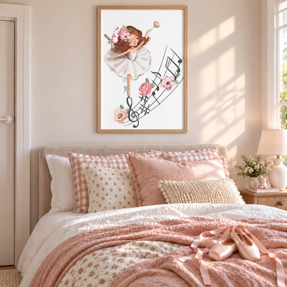 Natural Timber Frame: Ballerina wall art print featuring a brunette ballet dancer, pink flowers and musical notes displayed in a natural timber frame in a girls bedroom.