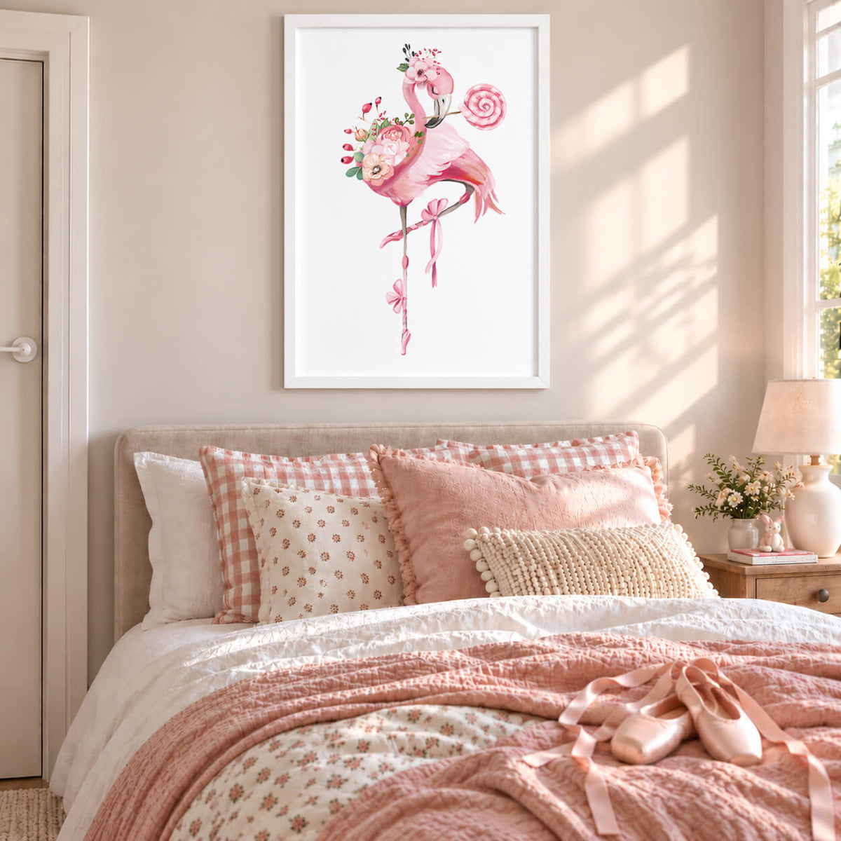 White: Pink flamingo ballerina wall art print with floral details displayed in a white frame for a girls bedroom or nursery.