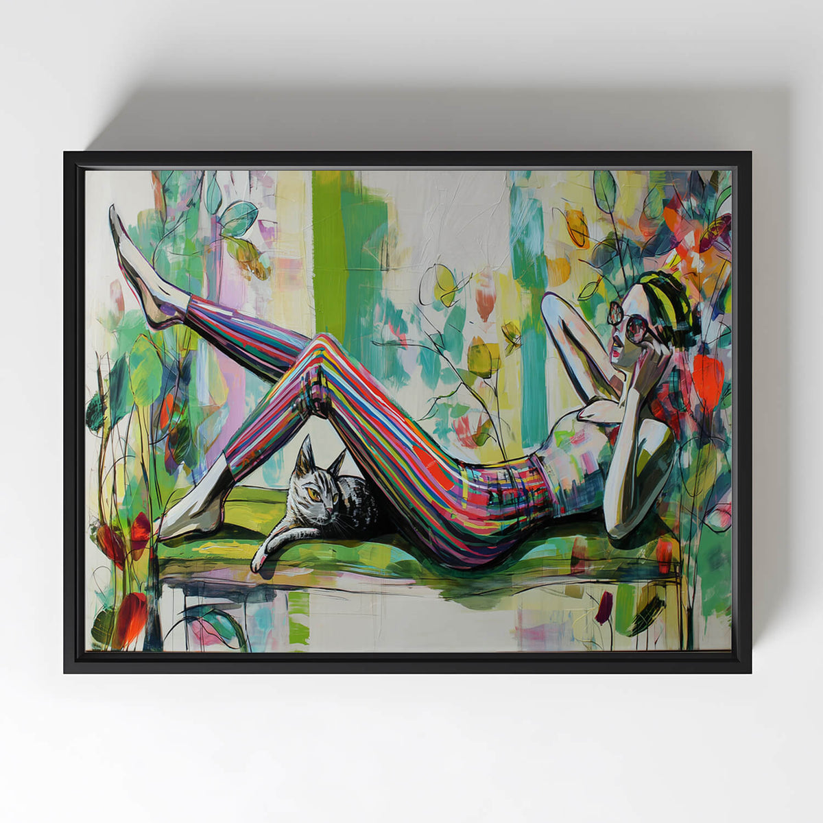 Stylized abstract woman lounging on couch with phone and cat in modern interior