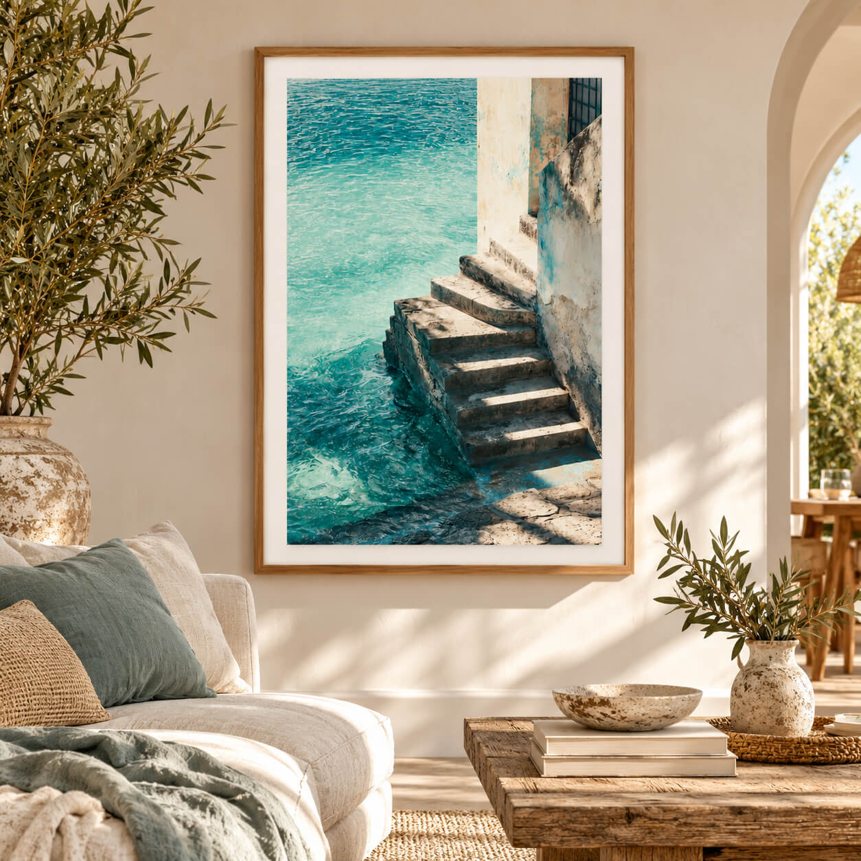 Mediterranean coastal wall art featuring weathered stone steps beside crystal-clear turquoise and emerald-green seawater