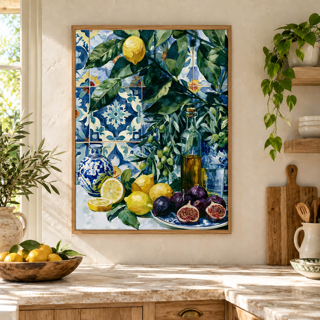 Mediterranean lemon and fig wall art featuring yellow lemons, purple figs, olive branches and blue patterned tiles.