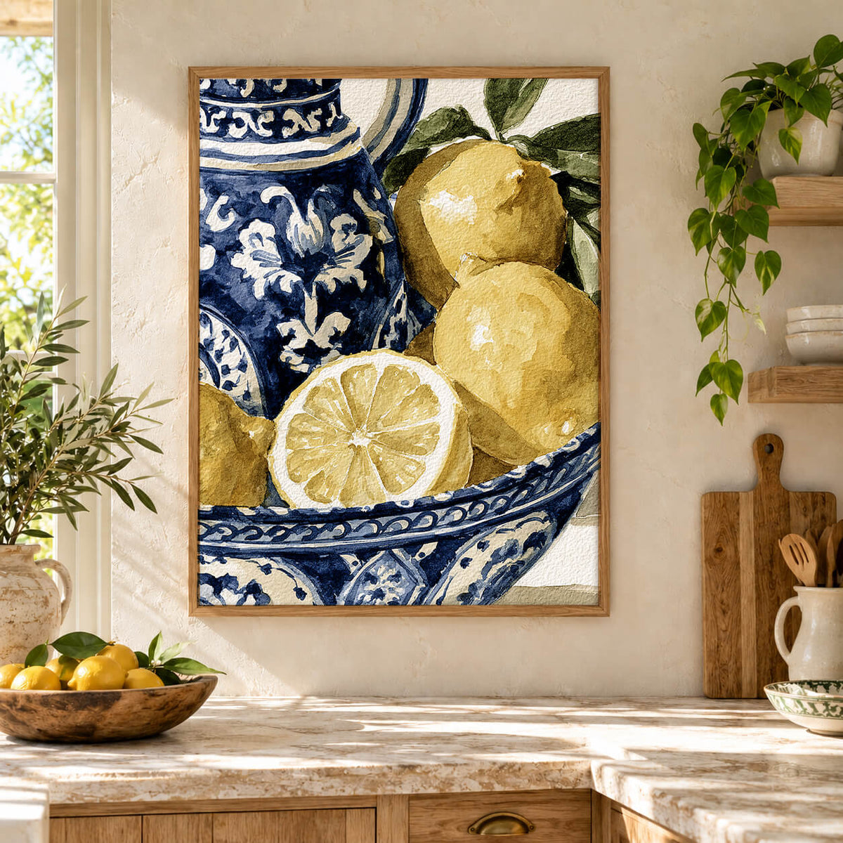 Italian lemon watercolour wall art featuring golden lemons, green leaves and blue and white Mediterranean ceramics