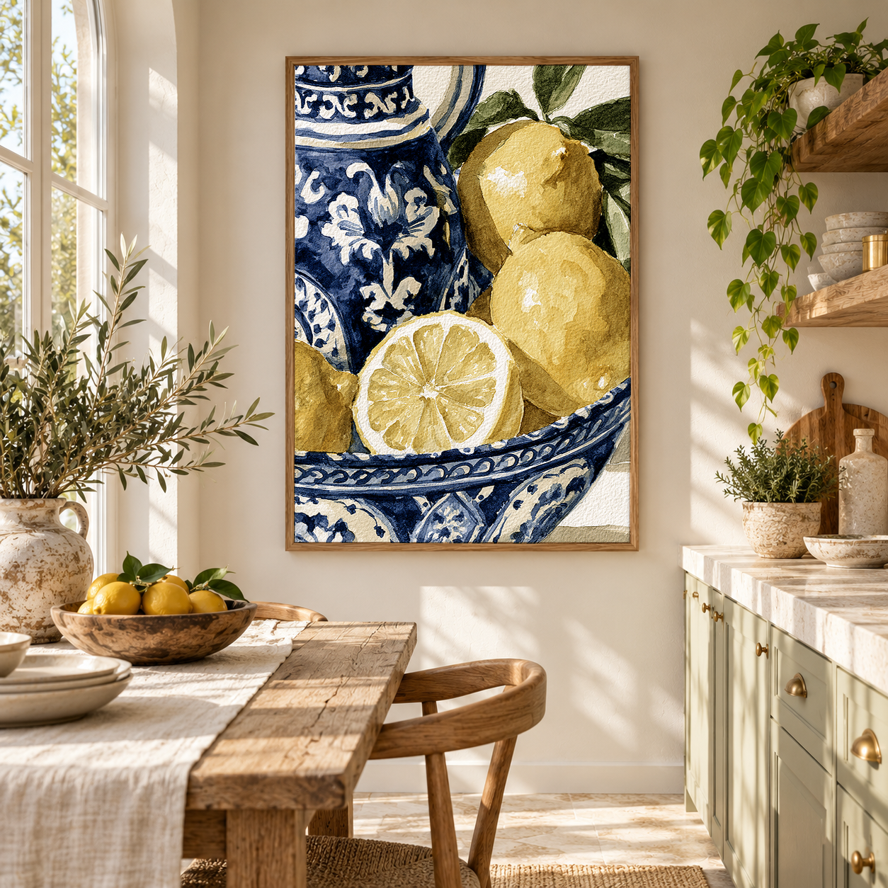 Italian lemon watercolour wall art featuring golden lemons, green leaves and blue and white Mediterranean ceramics