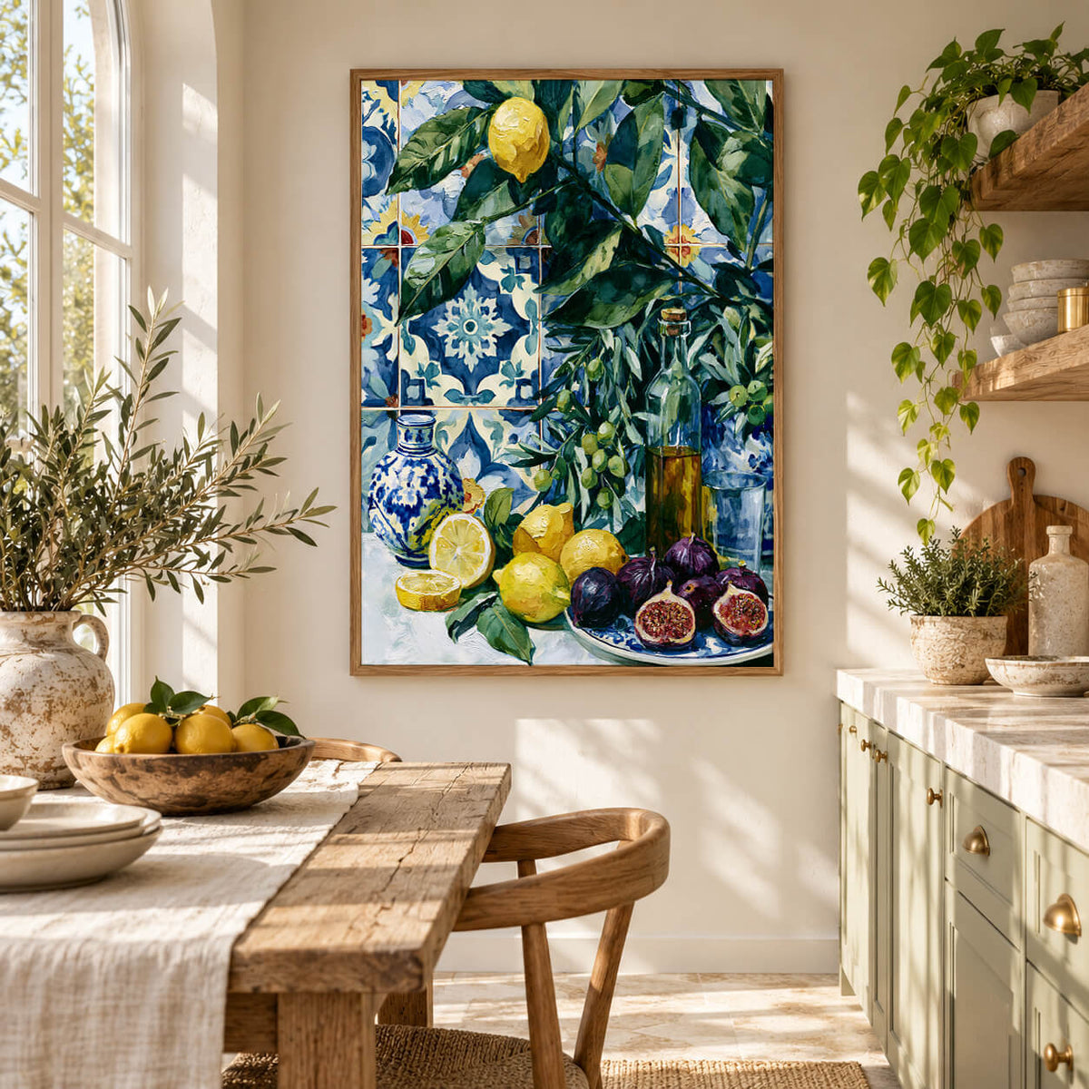 Mediterranean lemon and fig wall art featuring yellow lemons, purple figs, olive branches and blue patterned tiles.